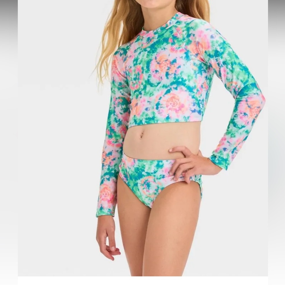 Cat & Jack Girls Floral Tie-Dye Rash Guard Swimsuit Set Size L 10/12 NWT